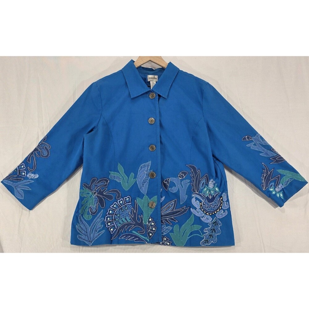 Chico’s Jacket Size 2 Womens Large Blue Ocean Artsy Art to Wear Coastal Grandma